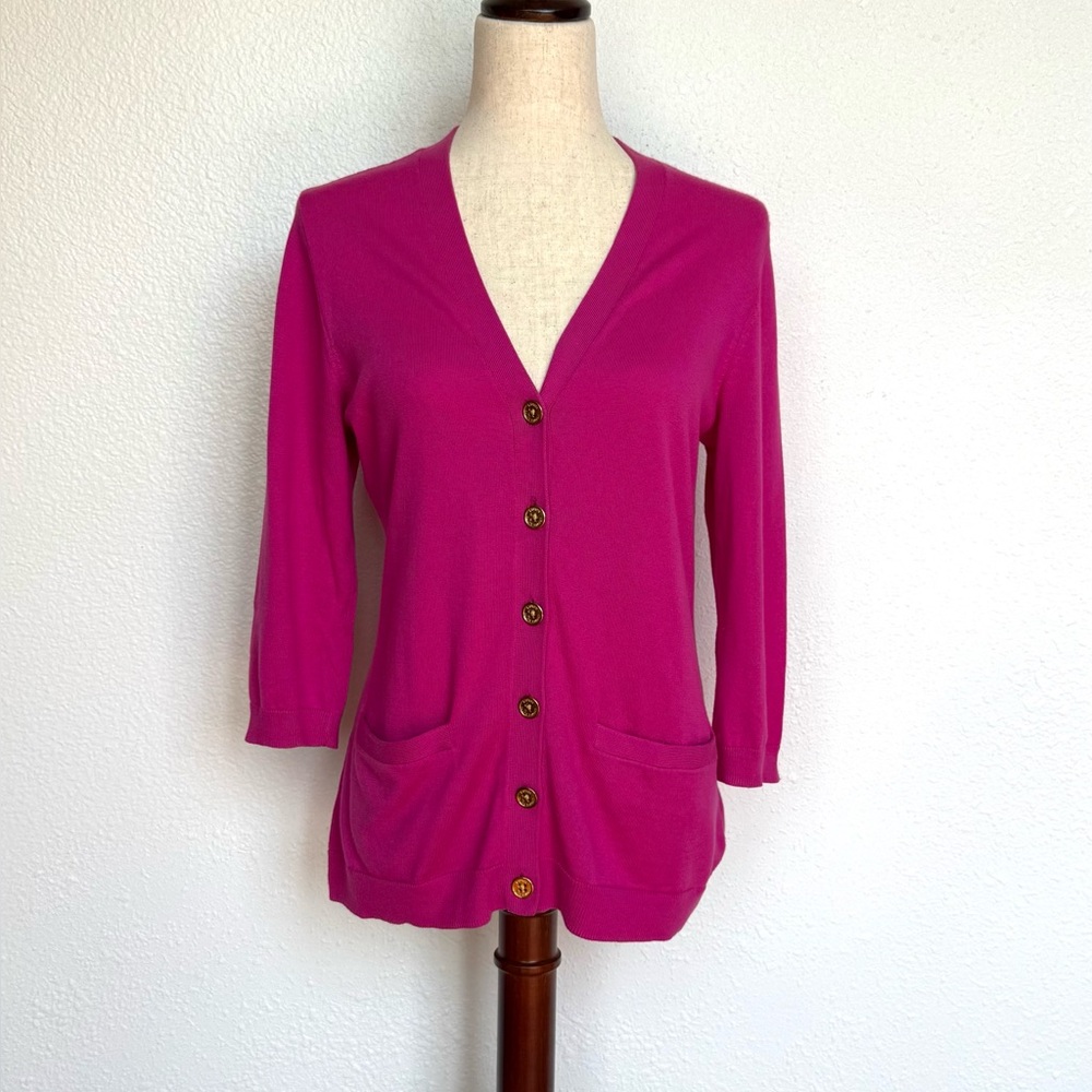 Lauren Ralph Lauren Fuchsia Button Front V Neck Cardigan Sweater Size PM